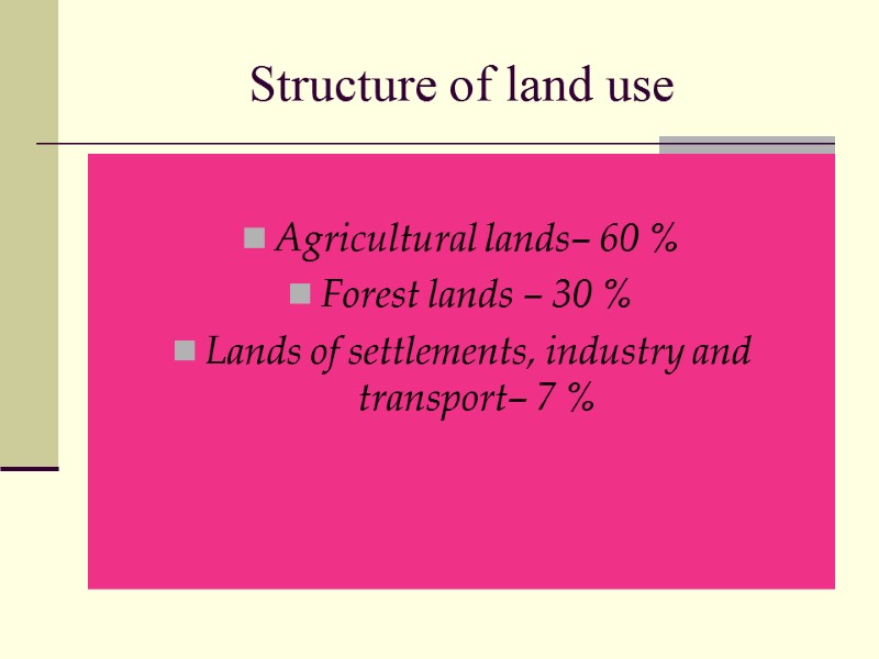 Structure of land use  Agricultural lands– 60 % Forest lands – 30 %